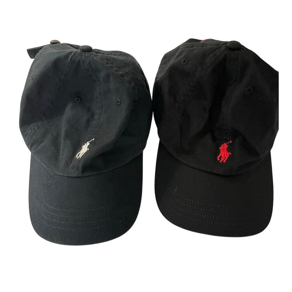 Polo Ralph Lauren 2 Hat Bundle Black Caps White & Red Pony Adjustable